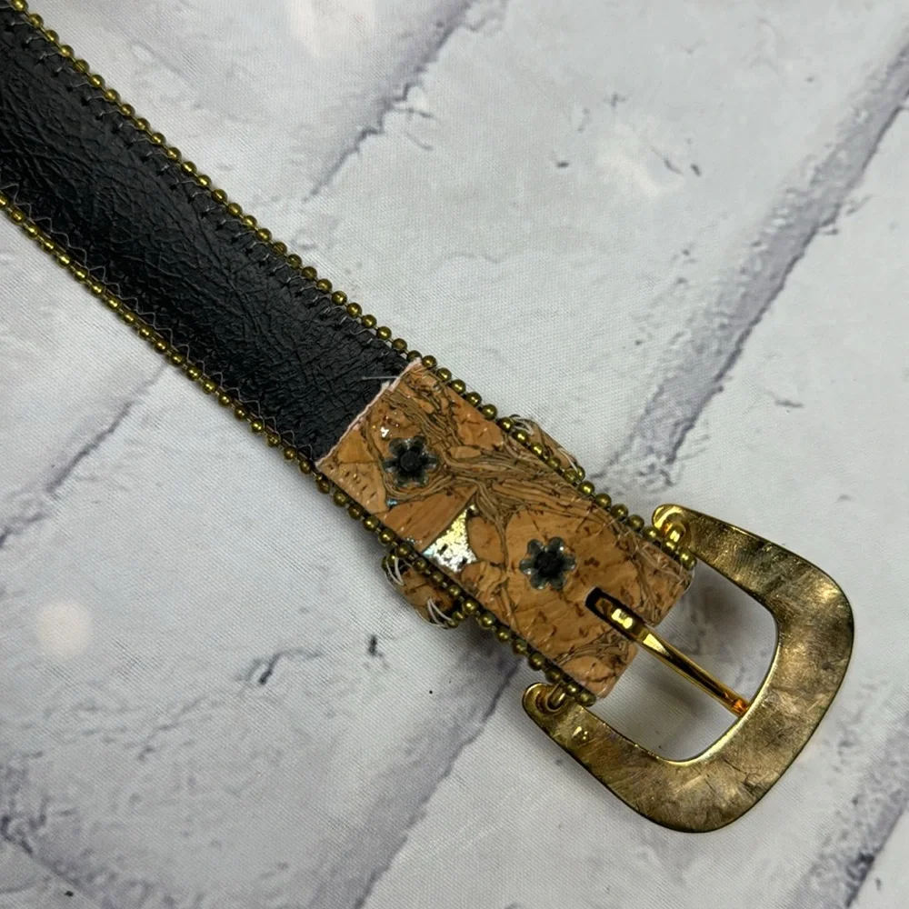 Absolutely Fresh Vintage Bonded Leather Belt Cork Print Metallic Flecks Beaded